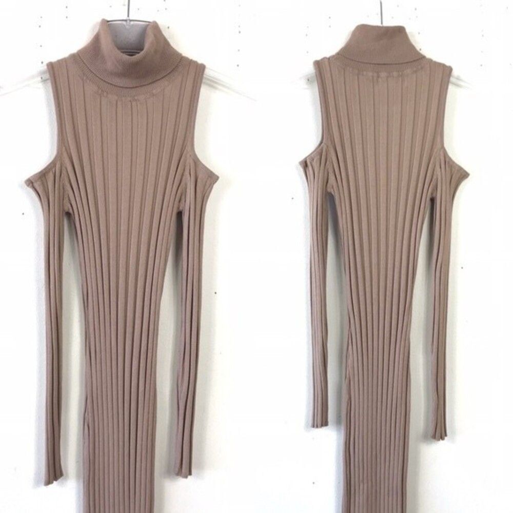HERA Collection Ribbed Cold Shoulder Midi Knit Dress S Tan Beige Stretch Bodycon - Picture 9 of 10